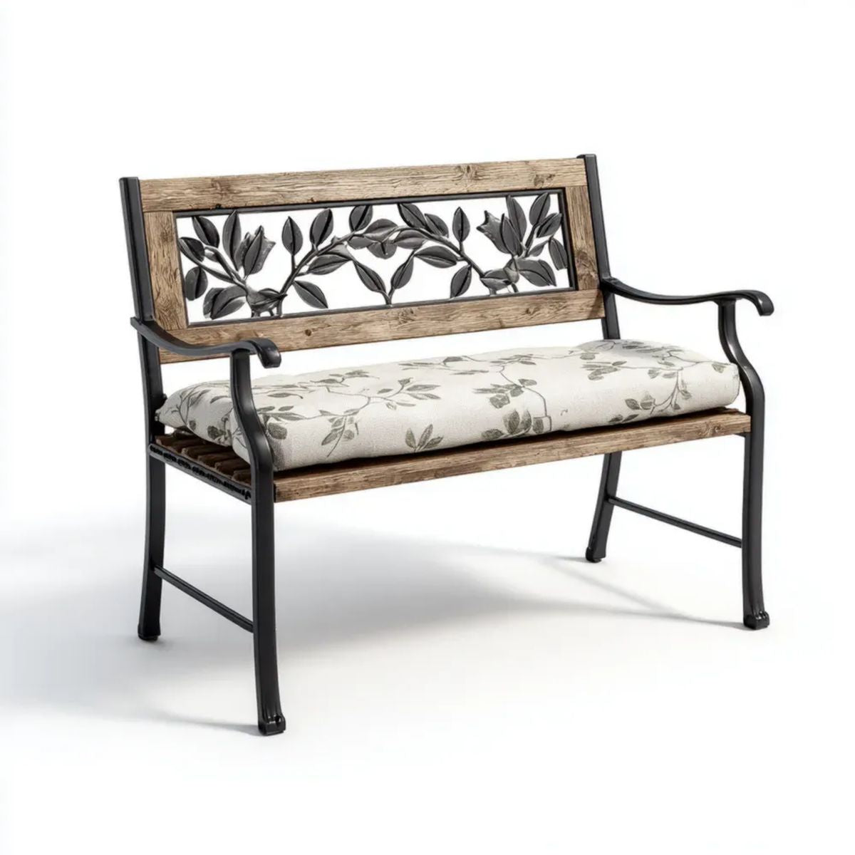 Dwuosobowa ławka ogrodowa czarna z litego drewna i stali, brązowa, 122 x 62 x 86 cm, z poduszką