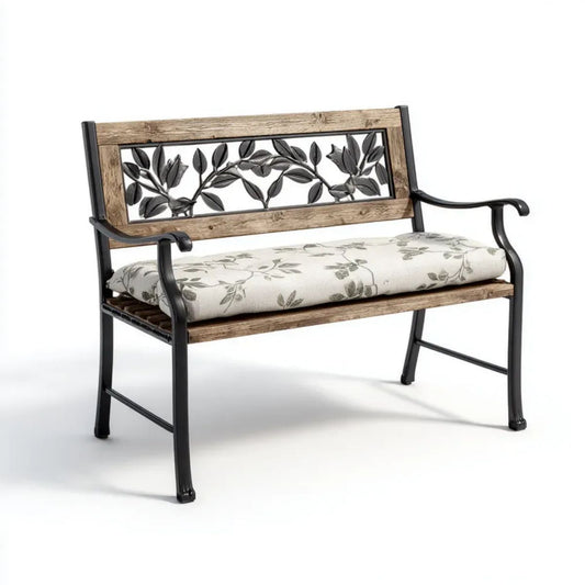 Dwuosobowa ławka ogrodowa czarna z litego drewna i stali, brązowa, 122 x 62 x 86 cm, z poduszką
