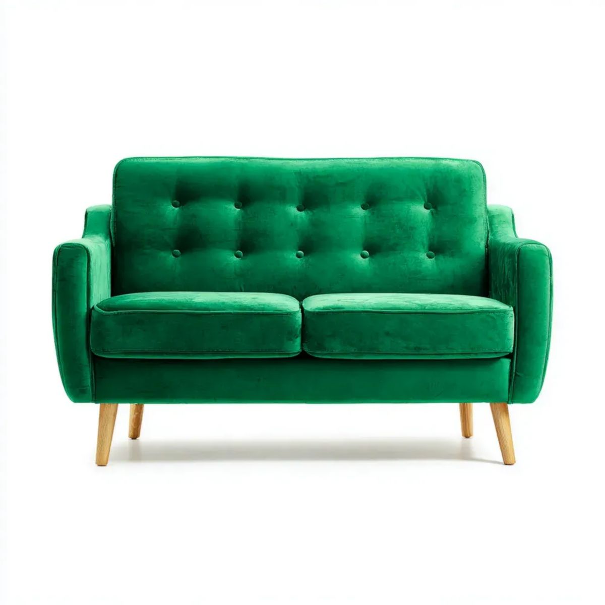 Zielona sofa dwuosobowa z aksamitu, drewniane nogi, 130 x 78 x 84 cm