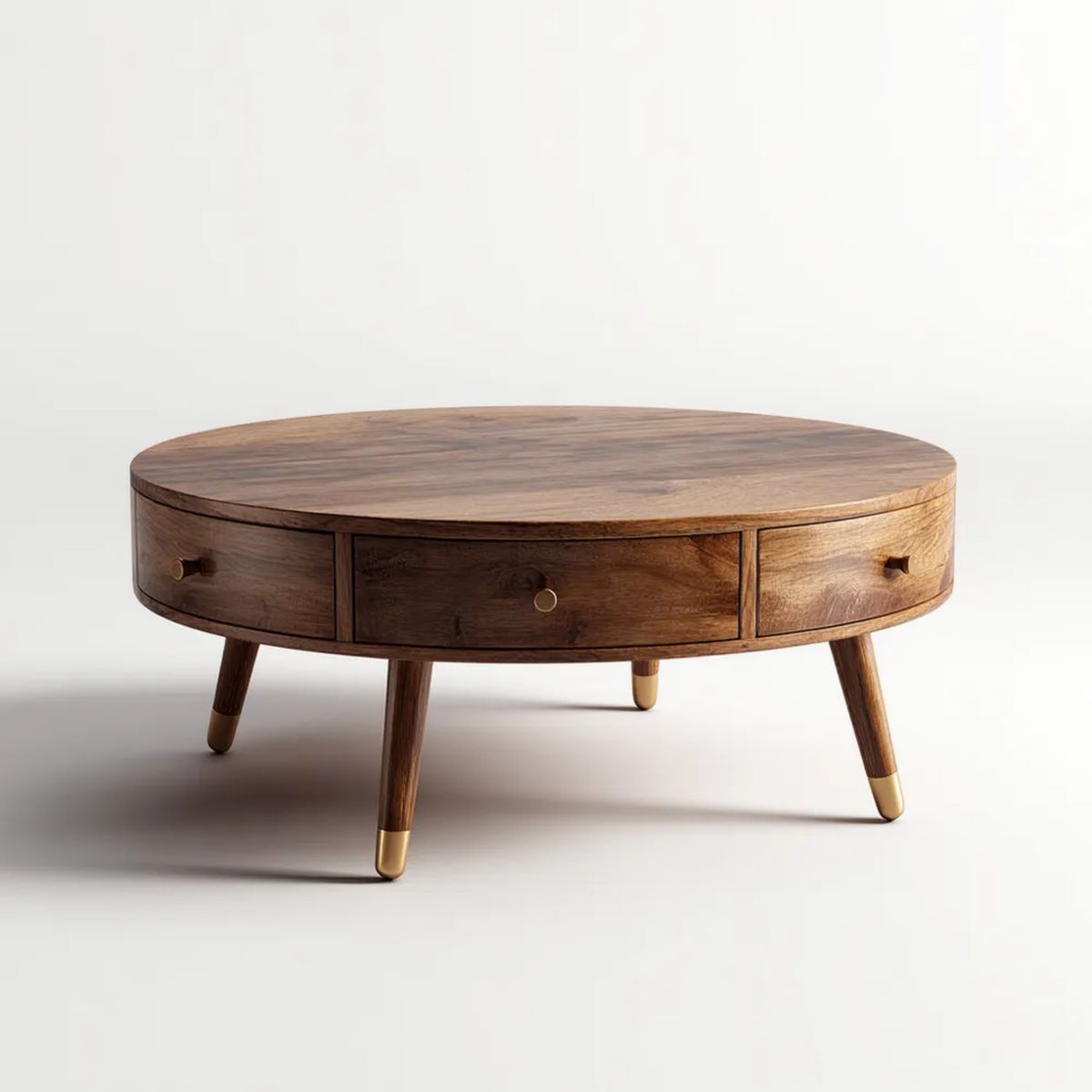 Okrągły stolik kawowy z 3 szufladami, brązowy MDF fornirowany, Ø100 × 45 cm