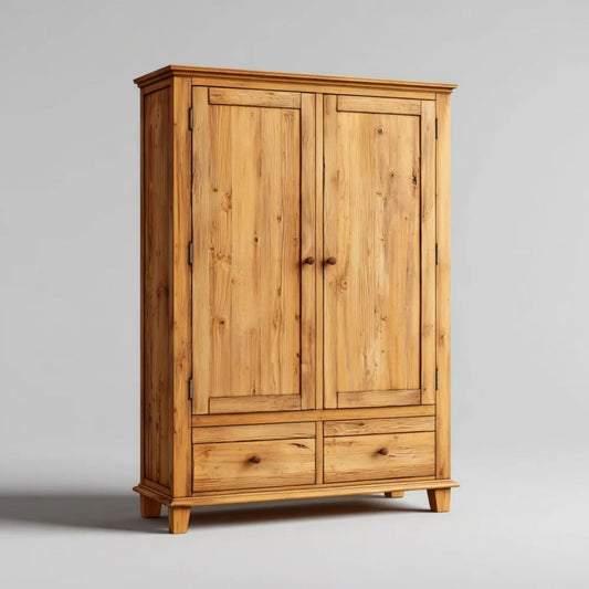 Dwudrzwiowa szafa z litego drewna sosnowego, naturalna sosna, 100 × 55 × 190 cm, 2 szuflady