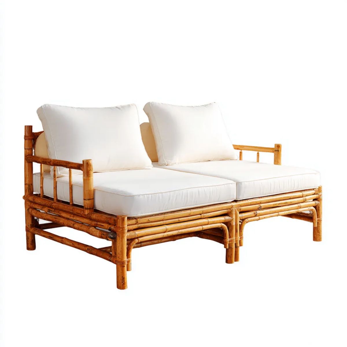 Dwuosobowa sofa ogrodowa z bambusa z białymi poduszkami, 160 x 80 x 80 cm