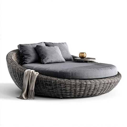 Okrągły dwuosobowy leżak ogrodowy z technorattanu szaro-czarny 180 x 180 x 75 cm