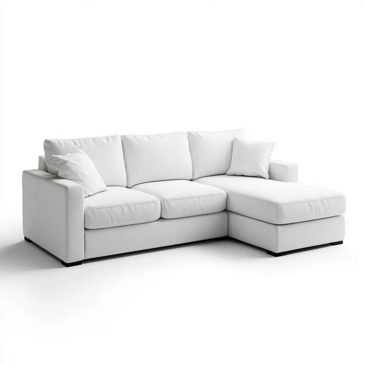 Biała sofa narożna z prawostronnym szezlongiem, tapicerowana tkaniną, 240 × 160 × 85 cm