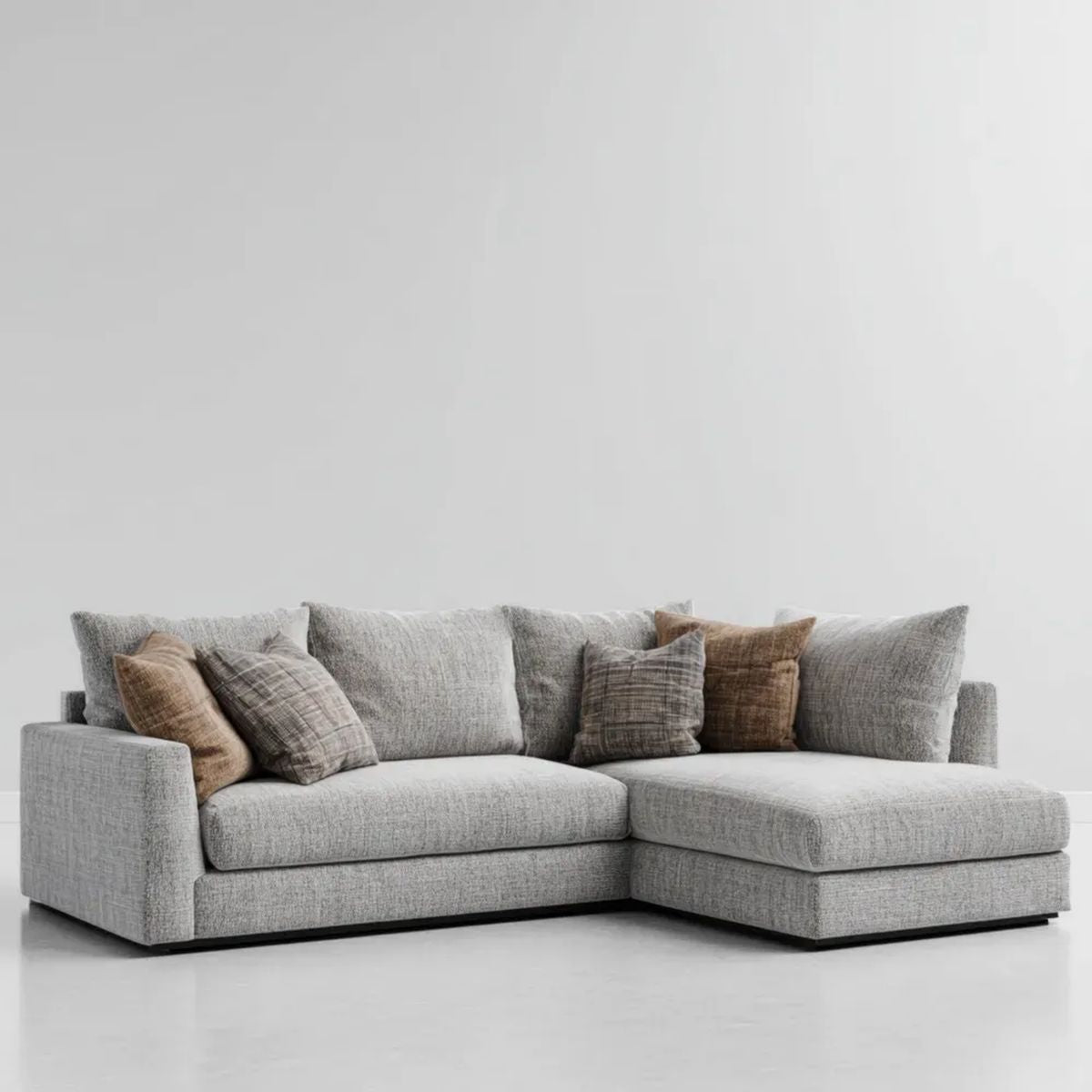 Jasnoszara sofa narożna z szezlongiem z tkaniny, prawa, w kształcie L, 260 x 160 x 85 cm