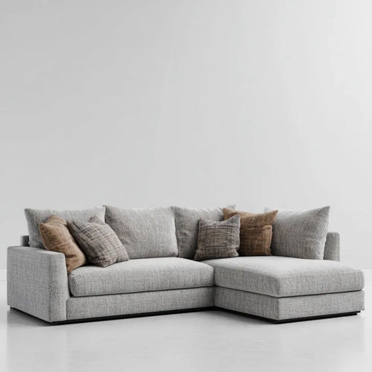 Jasnoszara sofa narożna z szezlongiem z tkaniny, prawa, w kształcie L, 260 x 160 x 85 cm