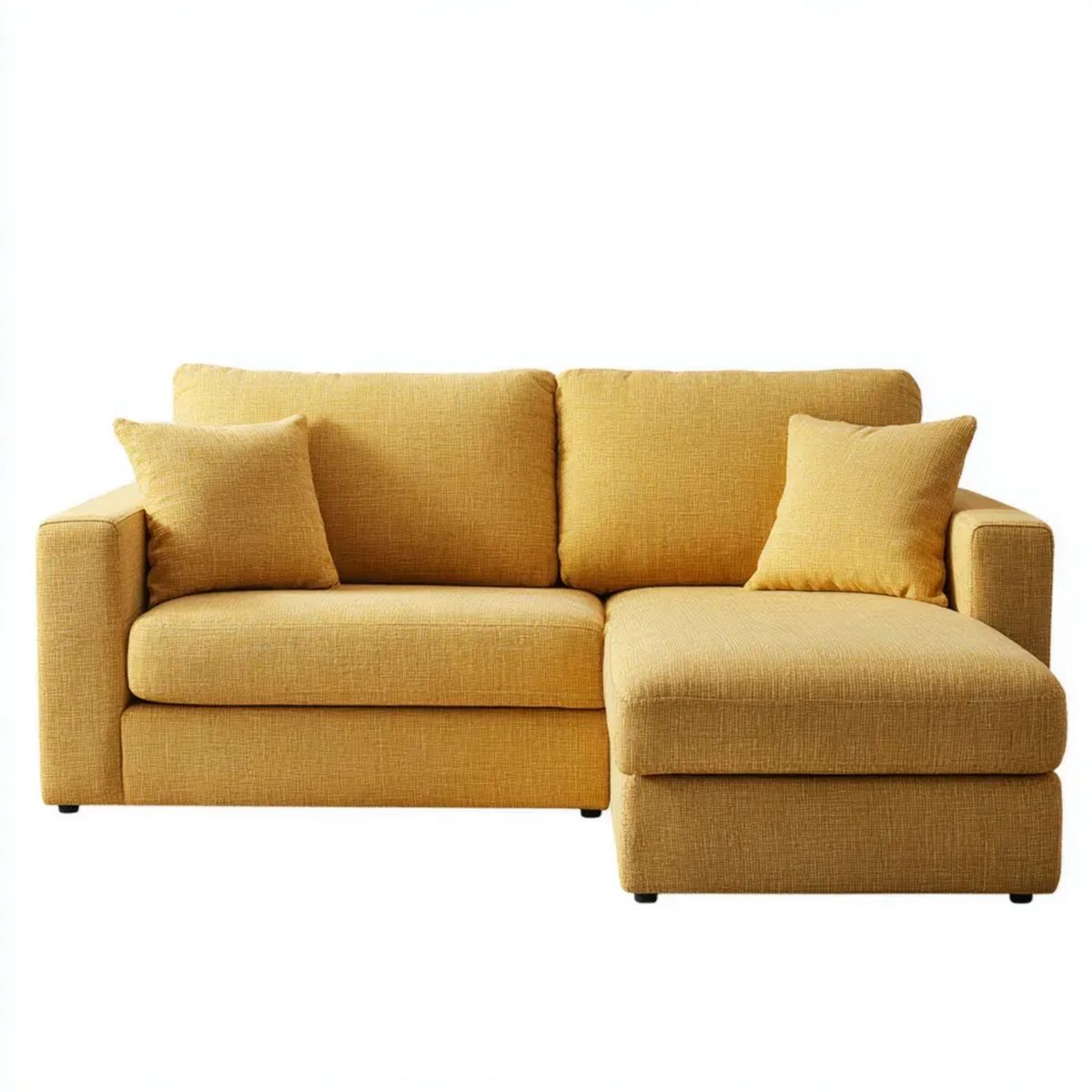 Prawostronna sofa narożna z szezlongiem, tapicerka poliestrowa, musztardowa, 200 x 140 x 85 cm