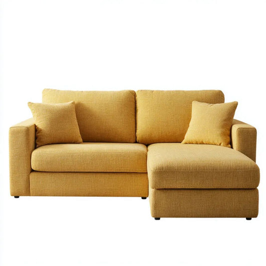 Prawostronna sofa narożna z szezlongiem, tapicerka poliestrowa, musztardowa, 200 x 140 x 85 cm