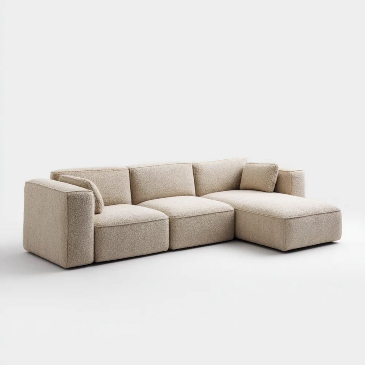 Prawostronna sofa narożna w kształcie L z tkaniny bouclé, beżowa, 280 x 170 x 82 cm
