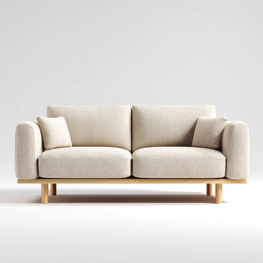 Kremowa sofa dwuosobowa z tapicerką poliestrową i drewnianymi nogami, 180 × 90 × 82 cm