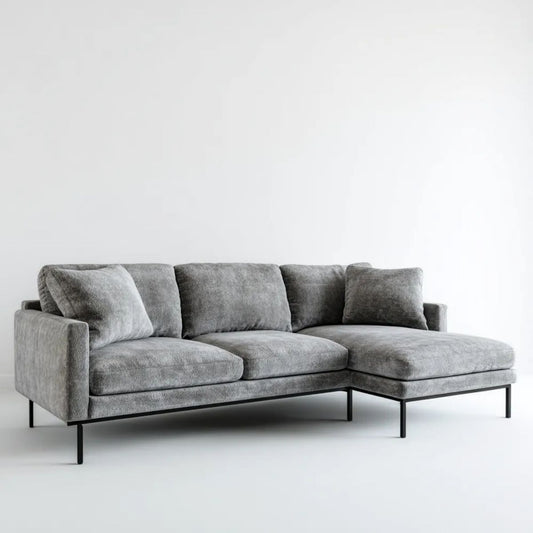 Szara sofa narożna w kształcie L z obiciem poliestrowym, prawy szezlong, 250 × 160 × 85 cm