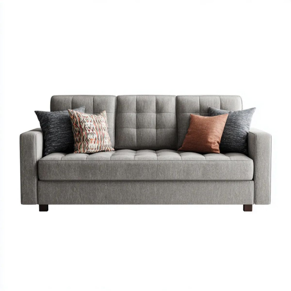 Trzyosobowa sofa z tapicerką poliestrową, szara z ciemnobrązowymi nóżkami, 210 x 90 x 85 cm