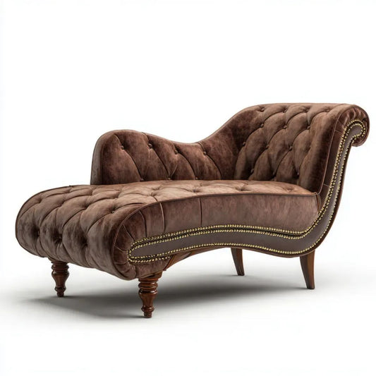 Brązowy pikowany szezlong Chesterfield z aksamitu 170 × 75 × 88 cm