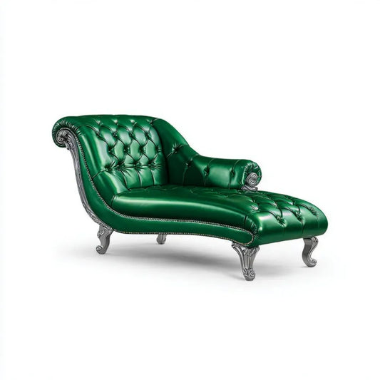 Pikowany szezlong Chesterfield z ekoskóry, zielono-srebrny, 170 x 72 x 92 cm