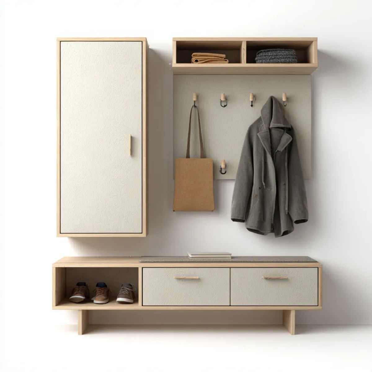 Beżowo-kremowy zestaw mebli do przedpokoju z płyty MDF, 150 × 35 × 200 cm – szafka na buty, panel z wieszakami i szafki wiszące
