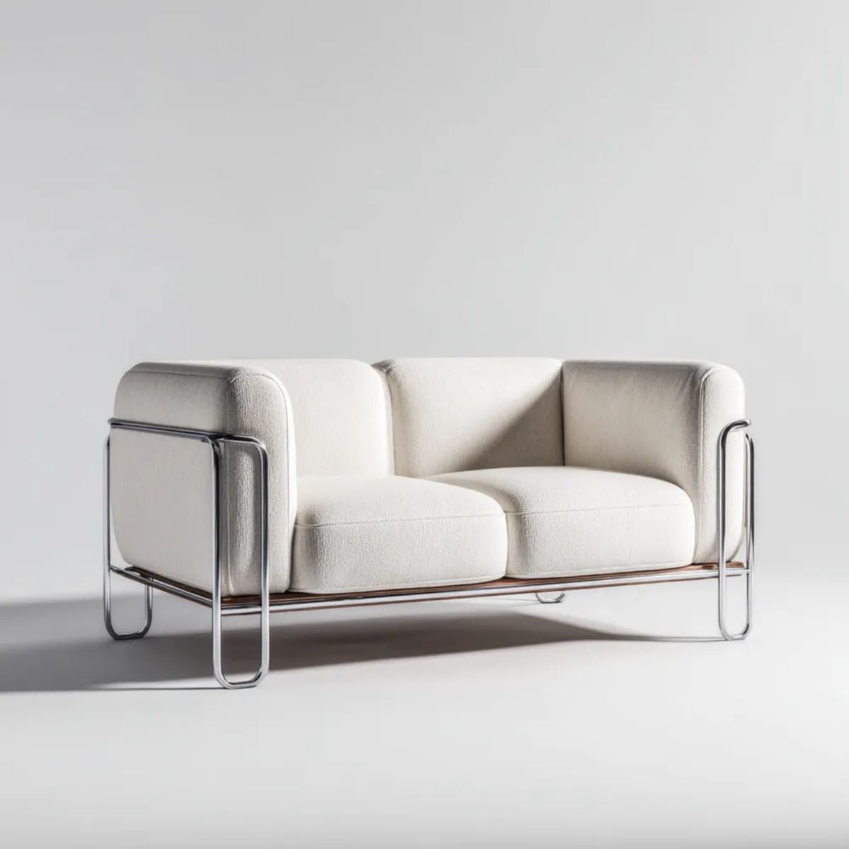 Dwuosobowa sofa kremowa z tapicerką poliestrową i chromowanym stelażem stalowym, 140 × 80 × 75 cm