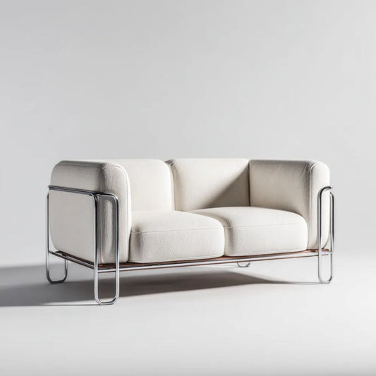 Dwuosobowa sofa kremowa z tapicerką poliestrową i chromowanym stelażem stalowym, 140 × 80 × 75 cm