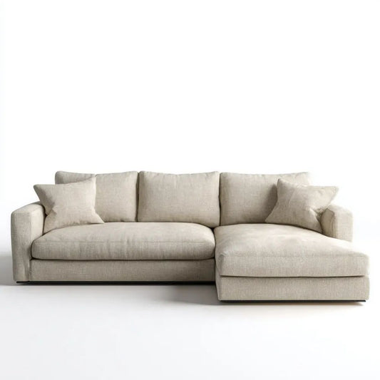 Beżowa sofa narożna z prawostronnym szezlongiem z tkaniny poliestrowej 260 × 160 × 85 cm