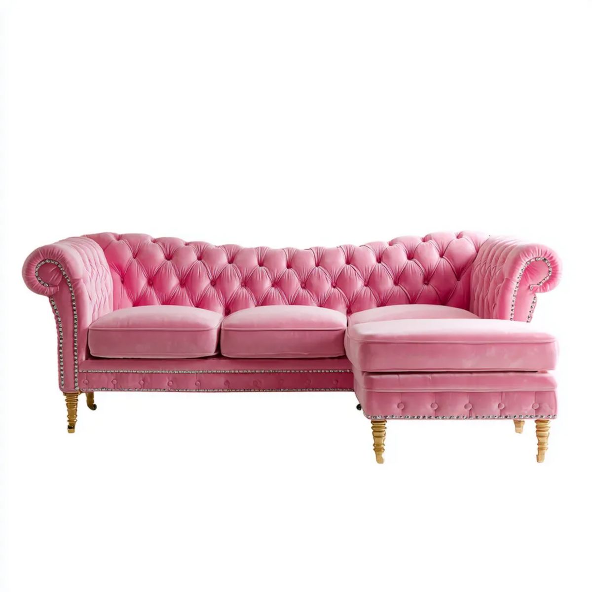Prawostronna sofa narożna Chesterfield z aksamitu poliestrowego, różowa, 260 x 160 x 78 cm