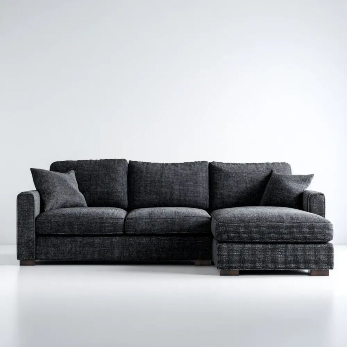 Prawostronna sofa narożna z tkaniny grafitowa z ciemnobrązowymi nogami, 260 x 165 x 85 cm, kształt L