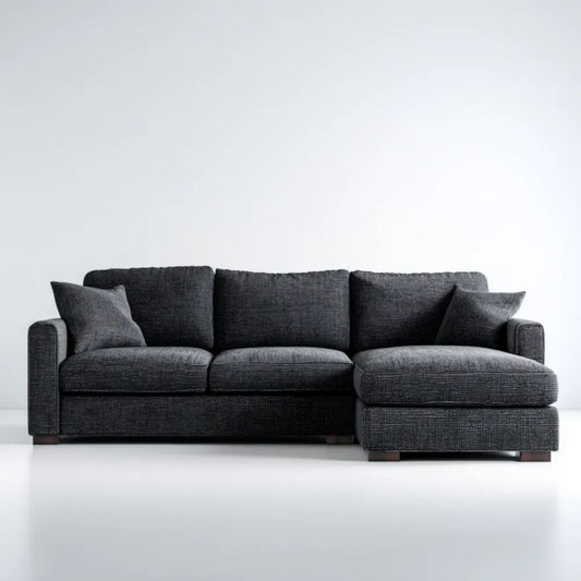 Prawostronna sofa narożna z tkaniny grafitowa z ciemnobrązowymi nogami, 260 x 165 x 85 cm, kształt L